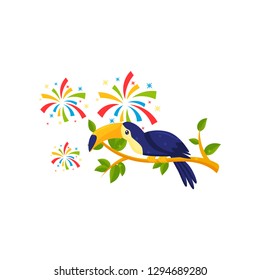 Flat vector icon of toucan sitting on tree branch and festive salutes. Tropical bird. Brazilian carnival theme