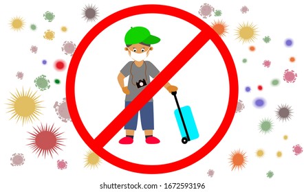 Flat vector icon of tourist wearing mask inside prohibition sign surrounded by colorful virus vector icons isolated on white background, flat vector icon for mobile and computer web graphic design