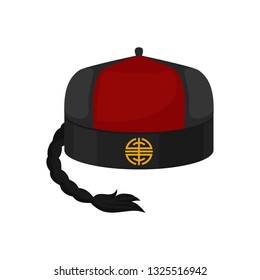 Flat vector icon of traditional red-black mandarin or landlord hat with pigtail. National Chinese male cap