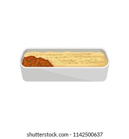 Flat vector icon of traditional shepherd pie. Tasty meal. Traditional dish of English cuisine. Element for cafe menu or poster