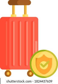 Flat vector icon of travel insurance. Illustration of wheeled luggage with shield protection.