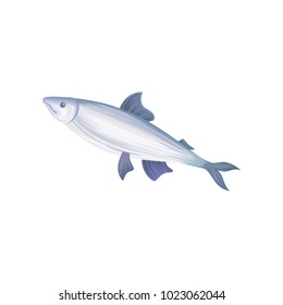 Flat vector icon of tuna fish with blue fins. Seafood concept. Healthy eating. Decorative element for restaurant menu, promotional poster or banner