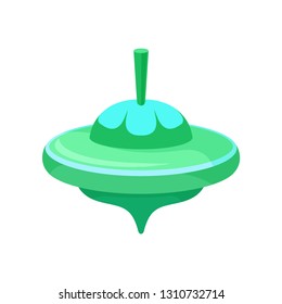 Flat vector icon of turquoise humming top. Plastic whirligig. Children toy. Spinning top. Kids development game