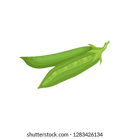 Flat vector icon of two pods of ripe green peas. Organic farm product. Raw vegetable. Cooking ingredient. Natural food