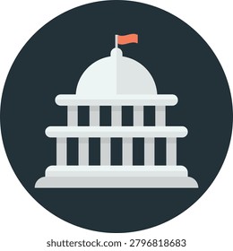 Flat vector icon of the united states capitol building with a dome and flag in a dark circle