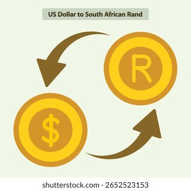 Ícone vetor plano de dólar americano e câmbio rand sul-africano com setas circulares, perfeito para forex, sistemas bancários globais e painéis de transações de moeda