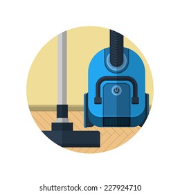 Flat vector icon for vacuum cleaner in room. Blue vacuum cleaner with on-off button on the floor. Flat circle colored vector icon for housework on white background.