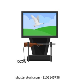 Flat vector icon of vintage arcade gaming machine with gun and big screen. Shooting game. Goose hunter. Entertainment theme