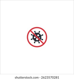 Flat vector icon of virus crossed out with prohibition symbol. Represents disease prevention, epidemiological control, public health and disinfection.