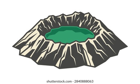 Flat vector icon of a volcanic caldera lake formed inside a crater rim, representing rare volcanic geography, isolated on white, ideal for geology, travel, and environmental content.