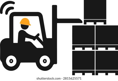 Flat vector icon of a warehouse worker operating a forklift to stack and put away pallet boxes on a high rack