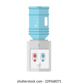 Flat vector icon for water cooler. Gray water cooler with blue full bottle and cup. Flat vector icon on white background.