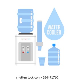 Flat vector icon  water cooler. Water cooler with blue full bottle and cup. Flat vector icon on white background.