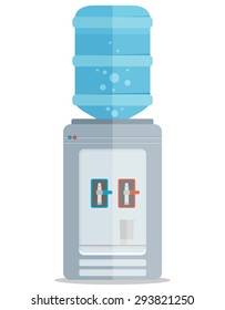 Flat vector icon for water cooler. Gray water cooler with blue full bottle and cup. 