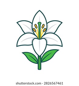 A flat vector icon of a white lily flower with green leaves and yellow stamens, isolated on a plain background.