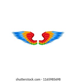 Flat vector icon of wings with red, orange and blue feathers. Bright accessory for carnival party. Element of masquerade costume