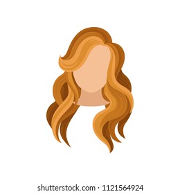 Flat vector icon of woman s head with long curly brown hair. Trendy haircut. Fashionable female hairstyle