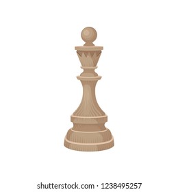 Flat vector icon of wooden chess piece - king. Small figure in beige color. Strategic board game