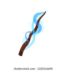 Flat vector icon of wooden magic wand with bright blue dust. Brown stick with magical power. Witchcraft theme