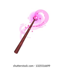 Flat vector icon of wooden magic wand with pink precious stone. Stick with magical glow. Witchcraft theme