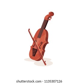 Flat vector icon of wooden violin with bow. Stringed musical instrument. Element for orchestra and music entertainment poster