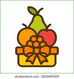 Flat vector icon of a woven gift basket brimming with assorted fruits—pear, apple, and orange—tied with a ribbon, outlined in brown.

