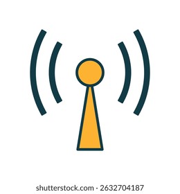 Flat vector icon of yellow broadcast tower with signal waves on white background for communication concept