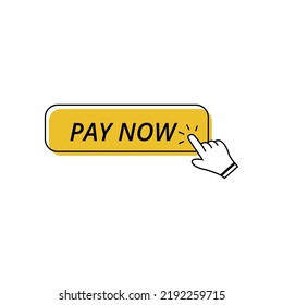 Flat vector icon of yellow button that says pay now with one hand clicking.