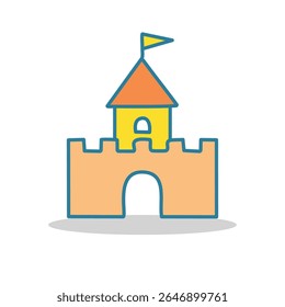 Flat vector icon of a yellow castle with a flag on top. Ideal for kids’ apps, fairy tale designs, educational materials, game UI, or whimsical web projects.