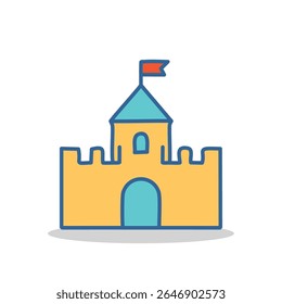 Flat vector icon of a yellow castle with a blue door and flag. Perfect for kids, fairy-tale themes, games, educational apps, or whimsical graphic elements.
