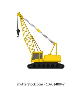 Flat vector icon of yellow crane on crawler tracks. Heavy machine with hook using in construction industry for lifting and lowering weights