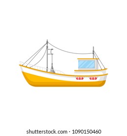 Flat vector icon of yellow fishing trawler. Ship with trawling gear and lifebuoys. Marine vessel for industrial sea goods production