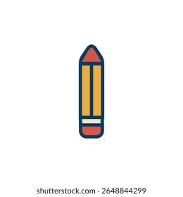 Flat vector icon of yellow pencil with red tip, ideal for school education content, writing tools, drawing materials, and classroom visuals