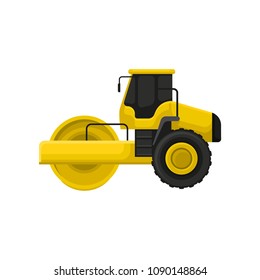 Flat vector icon of yellow road roller. Engineering motor vehicle with heavy roller. Machine used roadmaking