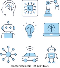 Flat Vector Icons of Artificial Intelligence and Robotics Technology. Concepts of artificial intelligence and robotics. Includes symbols such as robot head, neural networks, AI chip, automation.