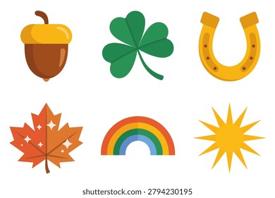 Flat vector icons for autumn season and luck, illustrating acorn, clover leaf, horseshoe, fall leaf, rainbow, and sun.