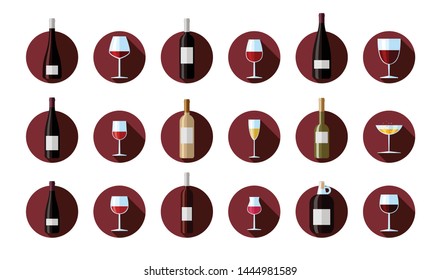 Flat vector icons of black and white wine bottles. Flat vector illustration of glass of wine and wine bottle with label.