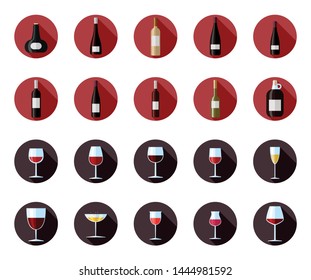 Flat vector icons of black and white wine bottles. Flat vector illustration of glass of wine and wine bottle with label.