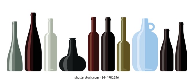 Flat vector icons of black and white wine bottles. Flat vector illustration of wine bottle without label.