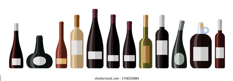 Flat vector icons of black and white wine bottles. Flat vector illustration of wine bottle with label.