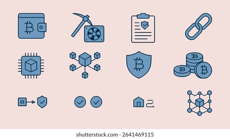Flat vector icons of blockchain elements—crypto wallets, mining rigs, smart contracts, encrypted nodes. Futuristic blue-green tones, clean line style, white background. Perfect for infographics.