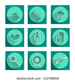 Flat vector icons for blog. Set of green flat vector icons with white contour symbols.