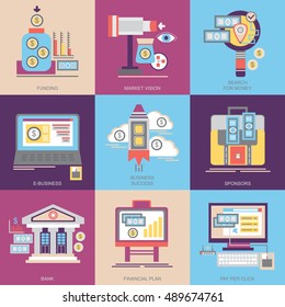 Flat vector icons. Business and marketing. Funding, market vision, search for money, e-business, business success, sponsors, bank, financial plan, pay per click.