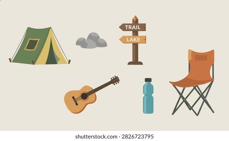 Flat vector icons of camping adventure elements including green tent trail signpost wooden guitar water bottle and camp chair.
