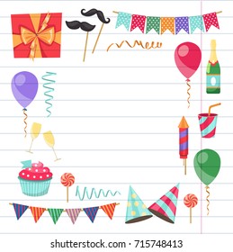 Flat vector icons Celebration party carnival festive icons set. Colorful symbols and elements - mask, gifts, presents, balloon, hat, cap