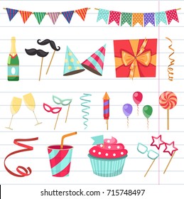 Flat vector icons Celebration party carnival festive icons set. Colorful symbols and elements - mask, gifts, presents, balloon, hat, cap