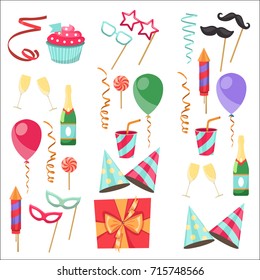 Flat vector icons Celebration party carnival festive icons set. Colorful symbols and elements - mask, gifts, presents, balloon, hat, cap