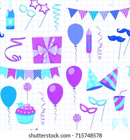 Flat vector icons Celebration party carnival festive icons set. Colorful symbols and elements - mask, gifts, presents, balloon, hat, cap