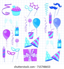 Flat vector icons Celebration party carnival festive icons set. Colorful symbols and elements - mask, gifts, presents, balloon, hat, cap