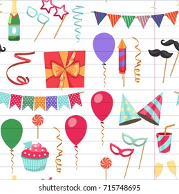 Flat vector icons Celebration party carnival festive icons set. Colorful symbols and elements - mask, gifts, presents, balloon, hat, cap
